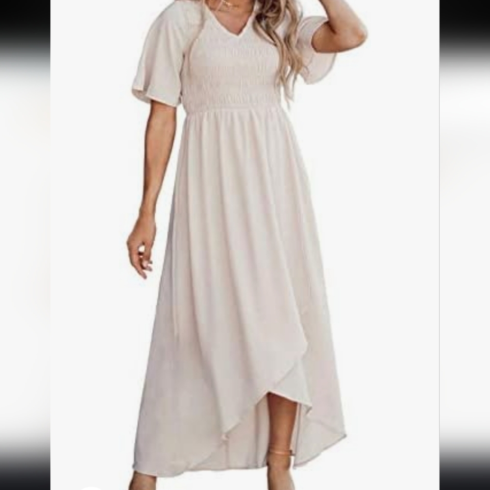 Zattcas Smocked Woman's  Pull-over V-neck Short Sleeve High Low Flowy Dress Sz M